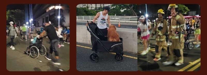 Collage of marathon participants including a fireman walking in full gear, a man pushing a dog in a wagon, and another pushing a wheelchair, highlighting the inclusivity and community spirit of the Honolulu Marathon.