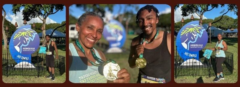 Post-marathon collage featuring Kimberlee Middleton and her son holding their medals in front of the Honolulu Marathon sign, celebrating their accomplishment with individual and group shots.